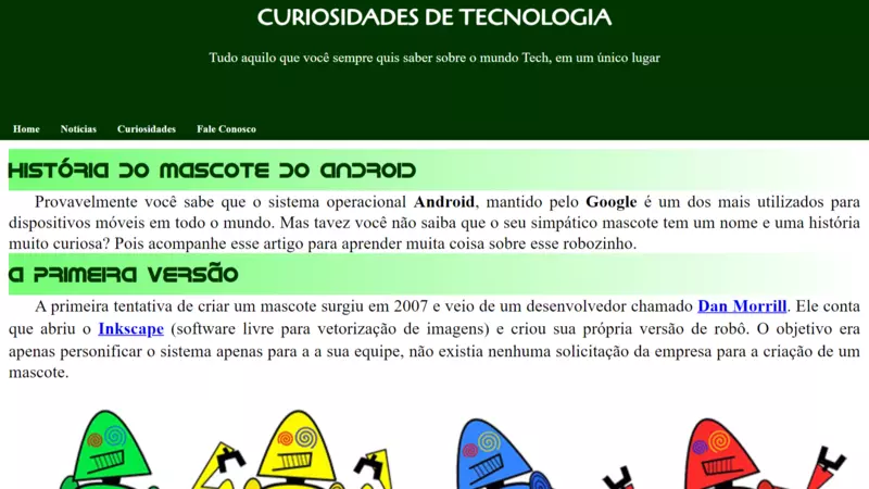 print de um projeto que realizei sobre a criadora da logo do android usando HTML e CSS